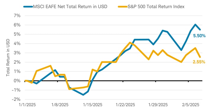 Line chart shows year to date total return performance through February 7, 2025 for the MSCI EAFE Index and the S&P 500 Index.